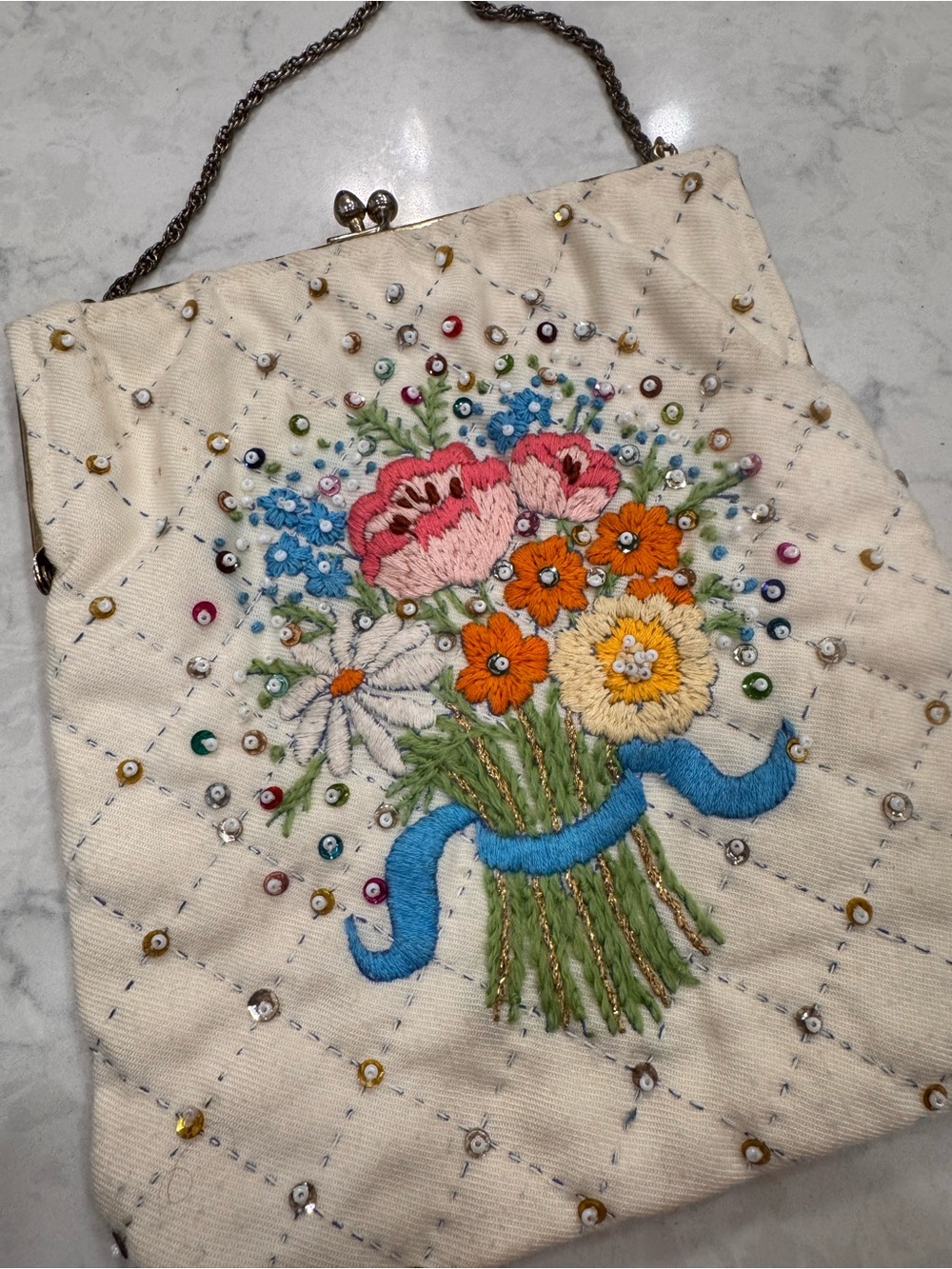 Vintage 1950s 60s Hand Embroidered Floral Sequin Beaded Evening Purse - Picture 6 of 11